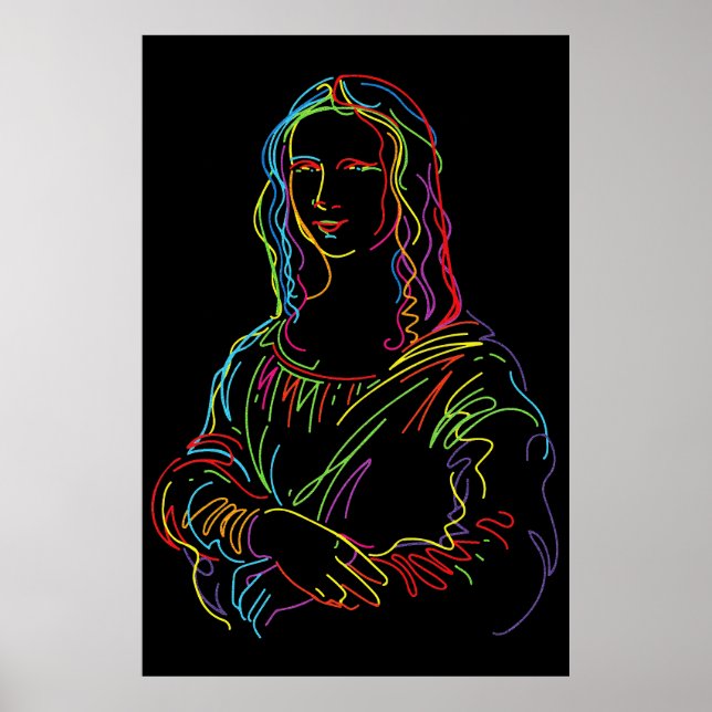 Poster Abstrato Neon Mona Lisa Line Art (Frente)