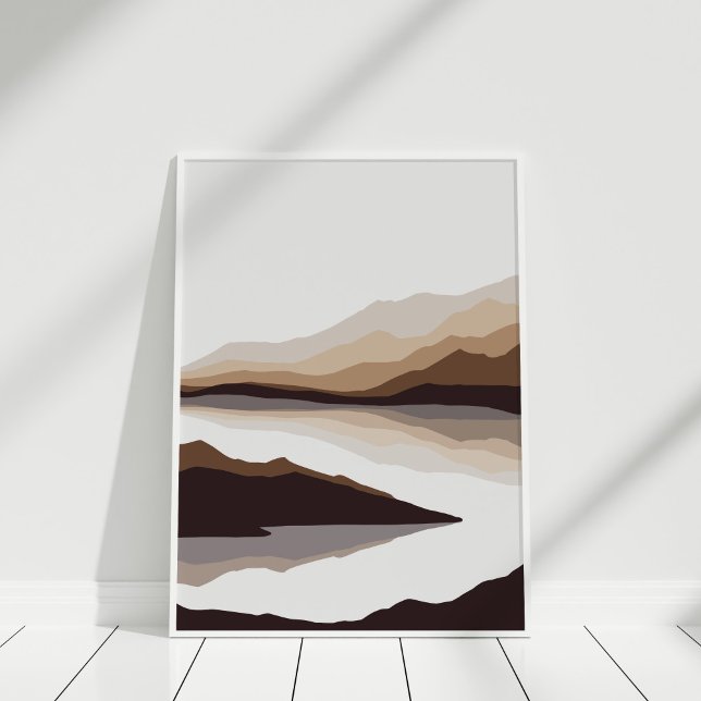 Poster Abstrato Neutral, Montanha e Muralha do Rio (Neutral Abstract Mountain and River Wall Art in white frame agianst white wall.)