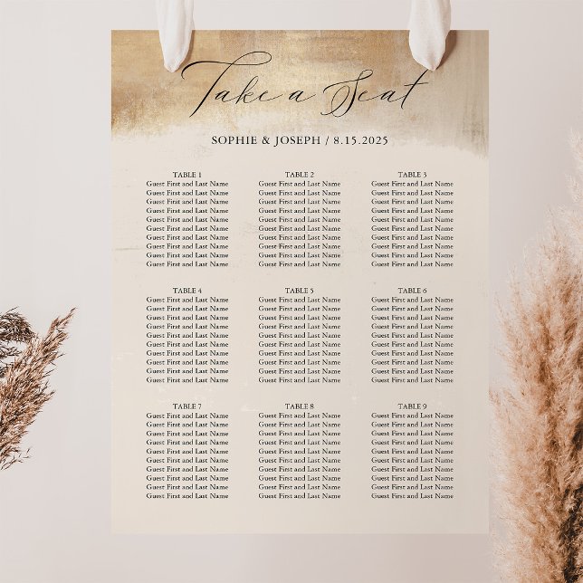 Poster Abstrato ouro | Organograma de Casamentos Modernos (An elegant, faux gold abstract look on a neutral ivory beige wedding seating chart)