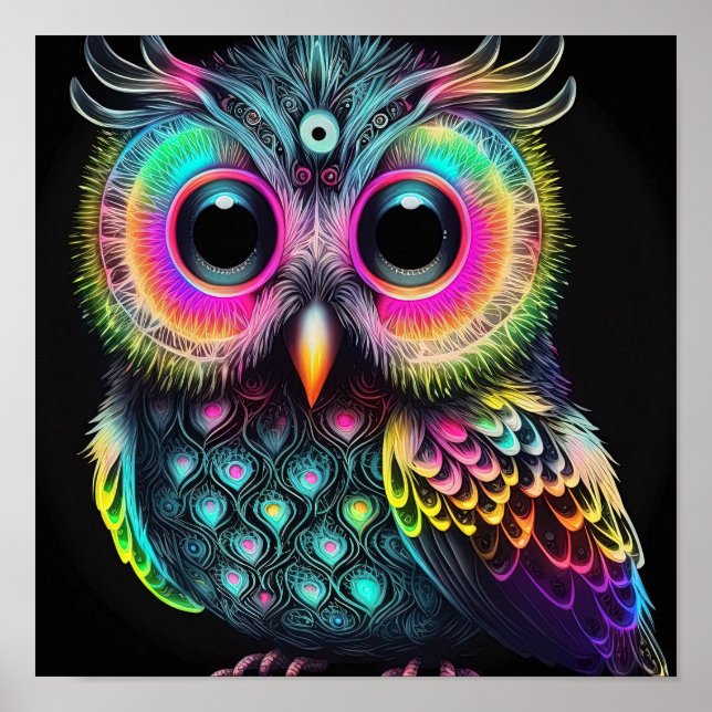 Poster Abstrato Owl em cores néon brilhantes (Frente)