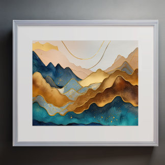Poster Abstrato Paisagem Paisagem Dourada Peach Blue