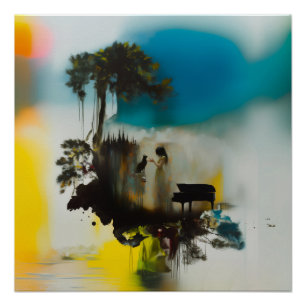 Pôster Abstrato Piano Cat Tree Witchy AI Art Semi Gloss