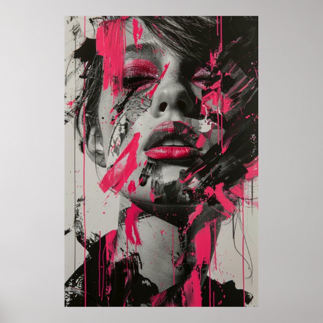 Poster Abstrato, pintura de mulher, rosa-branco-preto (Frente)