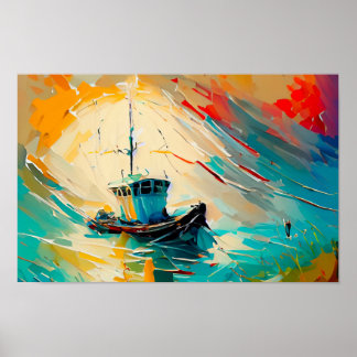 Poster Abstrato Pintura do Barco de Camarão em uma onda g