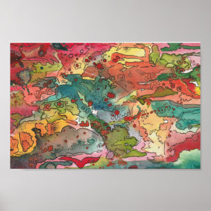 Poster Abstrato Rainbow Watercolor e Caneta Mídia Mistura