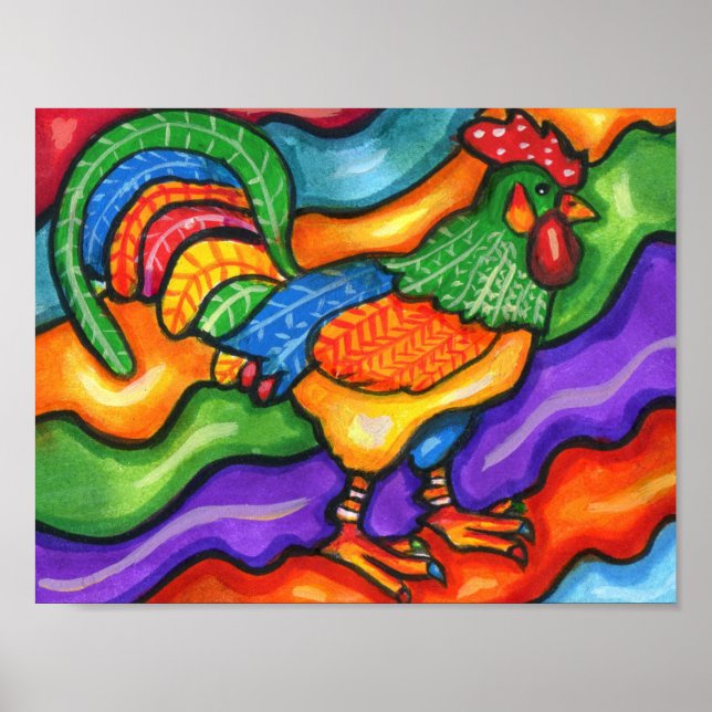 Poster Abstrato Rooster Bird Arte Colorida (Frente)