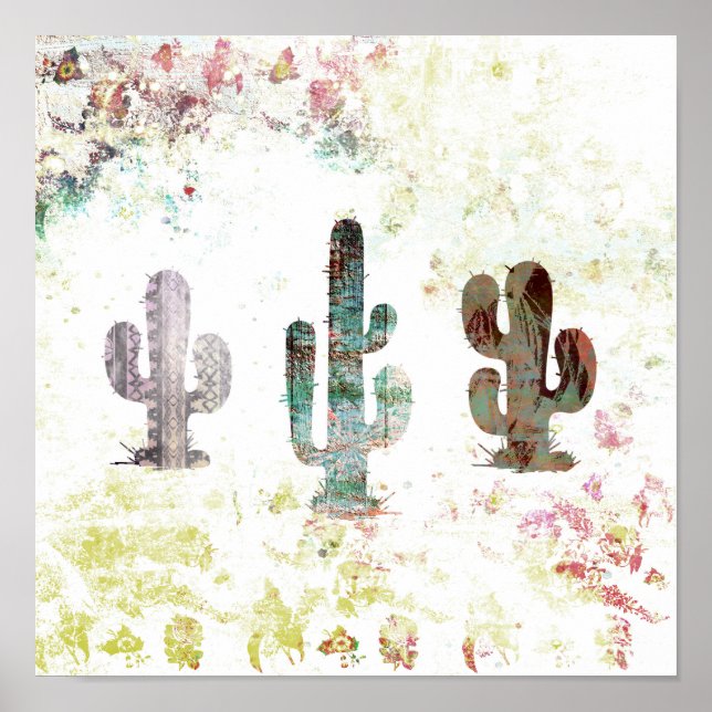 Pôster Abstrato Rustic Pastel Grunge Cactus (Frente)