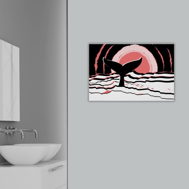 Poster Abstrato Sunset Natação Fin Ocean (Abstract Pink Sunset Silhouette of Whale Fin Ocean Poster, Bathroom)