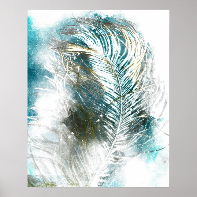 Poster Abstrato Teal e pintura de penas brancas (Frente)