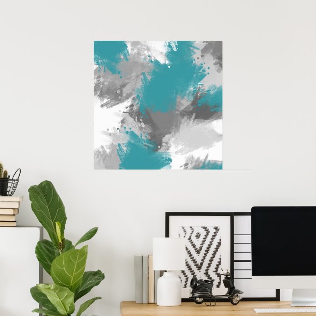 Poster Abstrato Teal Modern Brushstrokes (Escritório em casa)