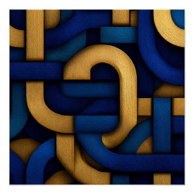 Pôster Abstrato Trançado Azul Ouro com Inspiração Celta E (Frente)