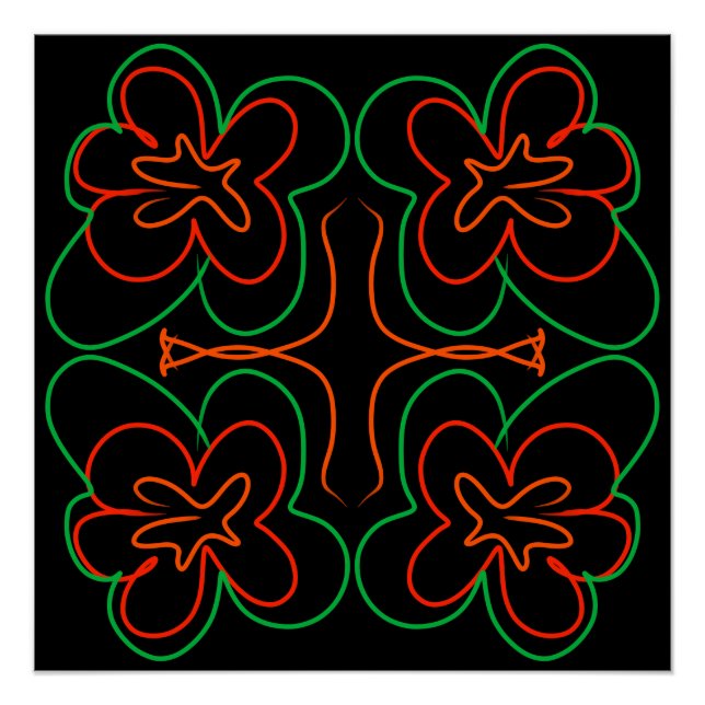 Pôster Abstrato verde e design de flores laranja (Frente)