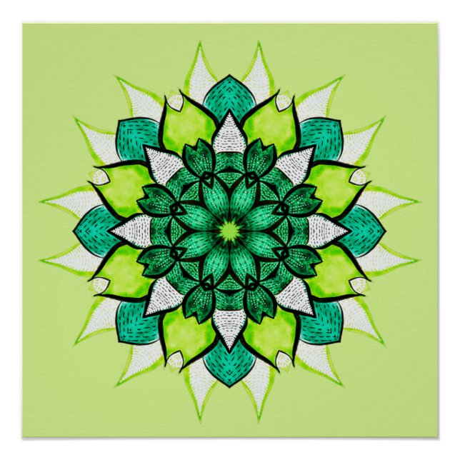 Pôster Abstrato Verde Flor Mandala (Frente)