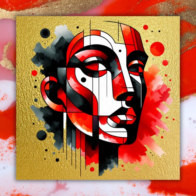 Poster Abstrato vermelho, preto e branco Face em ouro | (Criador carregado)