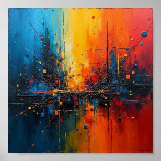 Poster Abstrato vibrante com azul, laranja e amarelo (Frente)