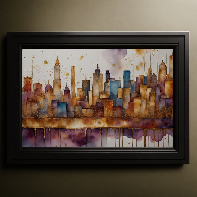 Poster Abstrato Watercolor Painting Dourada Cityscape 3:2 (Criador carregado)
