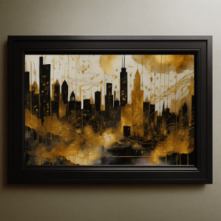 Poster Abstrato Watercolor Painting Dourada Cityscape 3:2