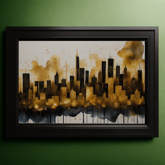 Poster Abstrato Watercolor Painting Dourada Cityscape 3:2 (Criador carregado)