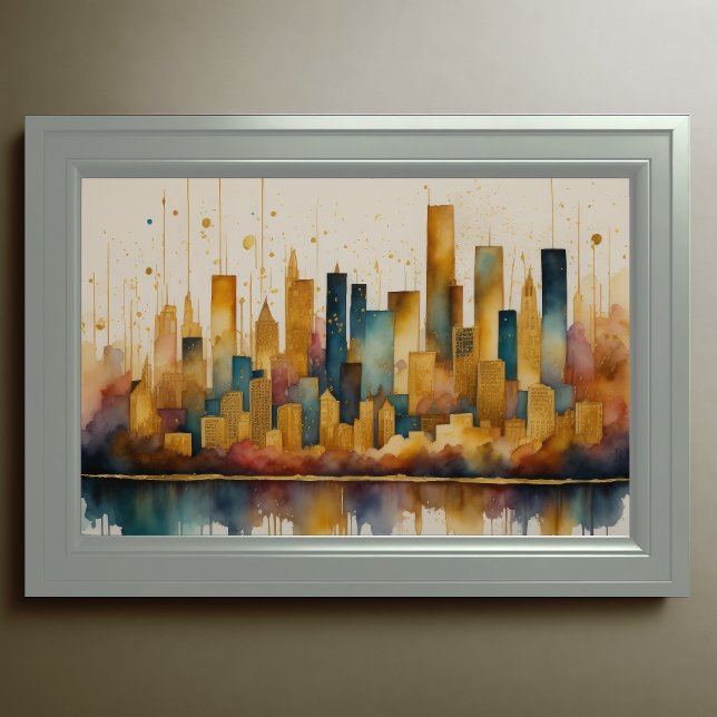Poster Abstrato Watercolor Painting Dourada Cityscape 3:2 (Criador carregado)