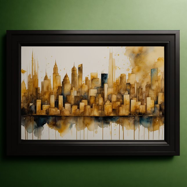 Poster Abstrato Watercolor Painting Dourada Cityscape 3:2 (Criador carregado)