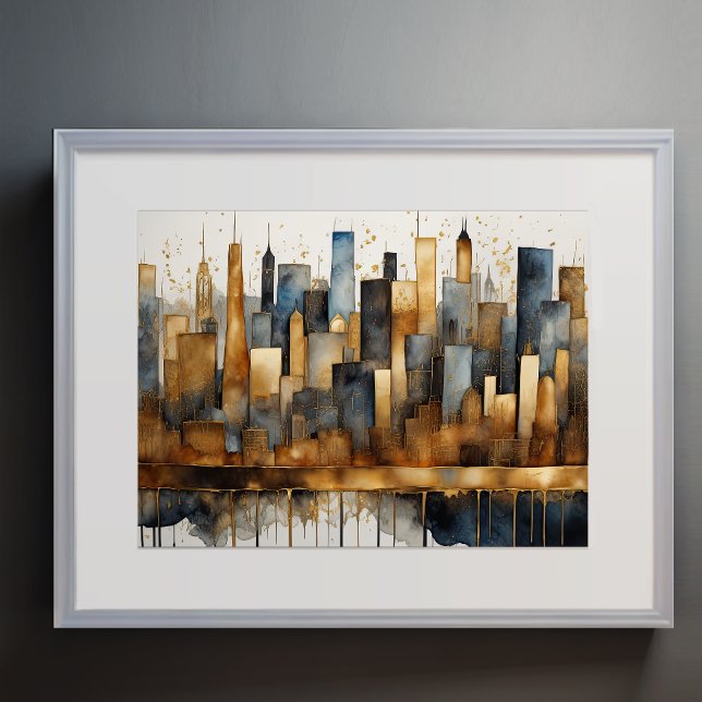 Poster Abstrato Watercolor Painting Dourada Cityscape 4:3 (Criador carregado)