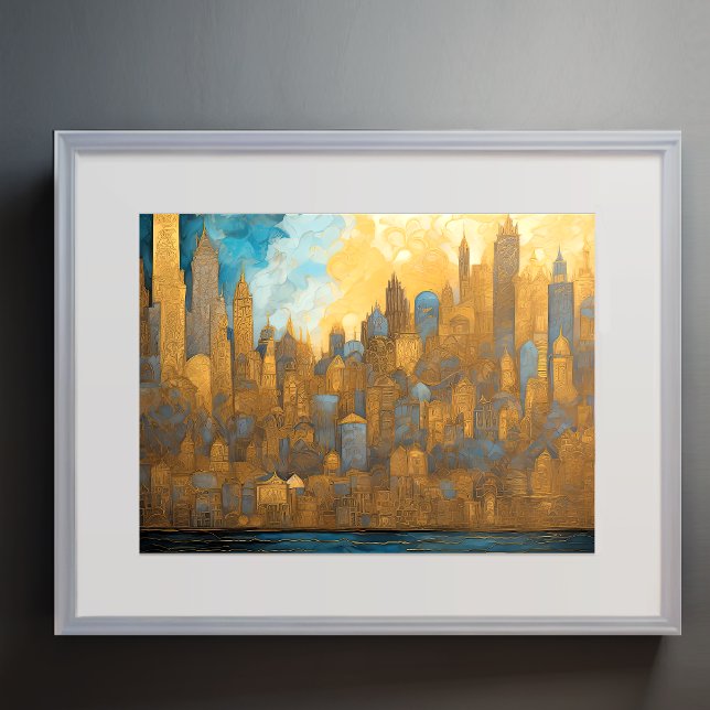 Poster Abstrato Watercolor Painting Dourada Cityscape 4:3 (Criador carregado)