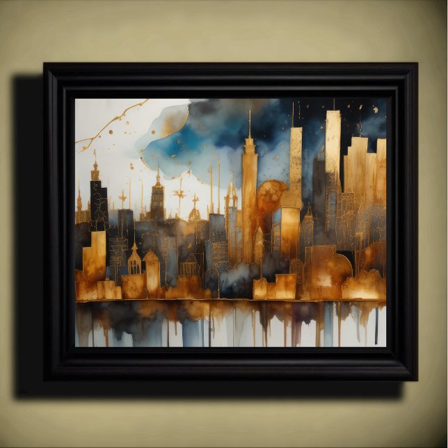 Poster Abstrato Watercolor Painting Dourada Cityscape 5:4 (Criador carregado)