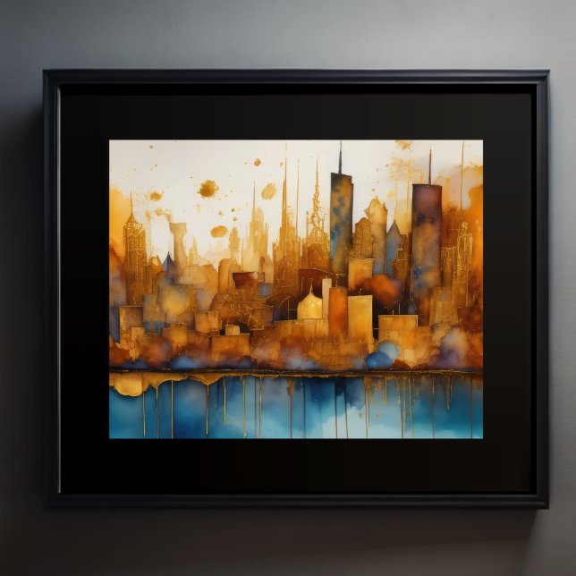 Poster Abstrato Watercolor Painting Dourada Cityscape 5:4 (Criador carregado)