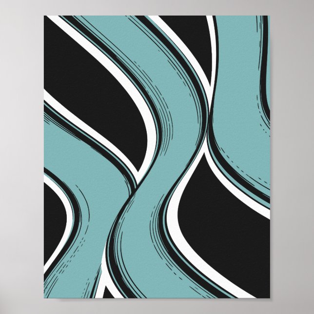Poster Abstrato Wavy Teal e Design de Fluxo Negro (Frente)