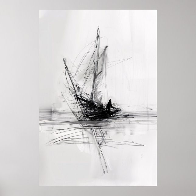 Poster Abstrato Yacht em Sea Sketch - (Frente)