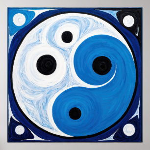 Poster Abstrato Yin Yang: Modernista Azul e Branco