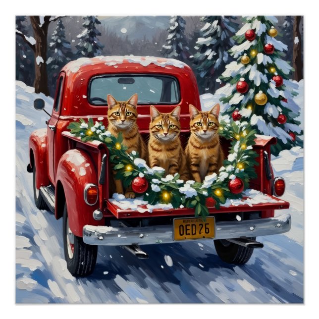 Pôster Abyssinian Cat Christmas Red Truck Holiday (Frente)