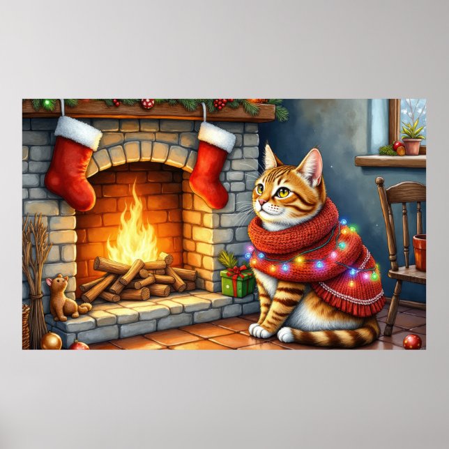 Poster Abyssinian Cat Sitting by Fireplace with Christmas (Frente)