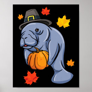Poster Ação de Graças Manatee Pilgrim Fall Pumpkin Dugong