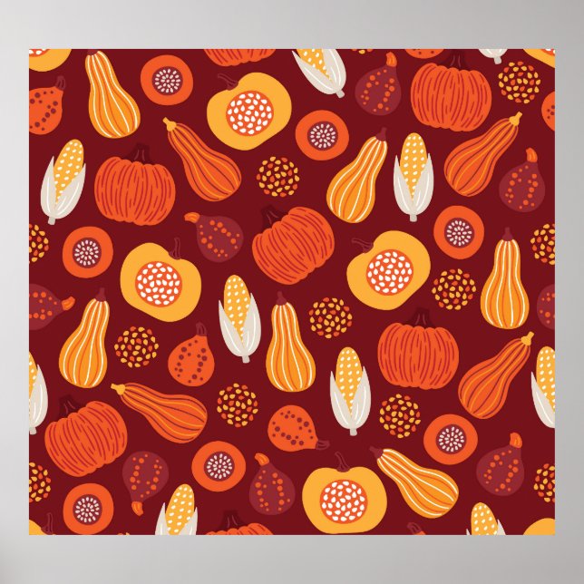 Poster Ação de Graças Pumpkin Brown Seamless Pattern. (Frente)