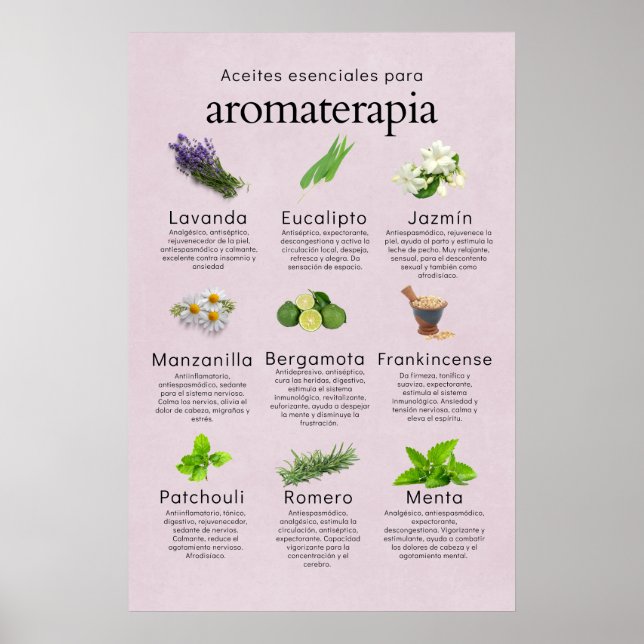 Poster Aceites esenciales aromaterapia en español (Frente)
