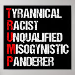 Poster Acrônimo Anti Trump Funny<br><div class="desc">Anti Trump Funny Acronym Poster, que apresenta um poema de palavra descrevendo seu personagem: pensador tirânico, racista, inqualificado, misógino. Resistir a este presidente e continuar a apoiar os esforços de resistência à igualdade de direitos e à decência humana básica na América. Lutar pela liberdade no nosso país por todas as...</div>