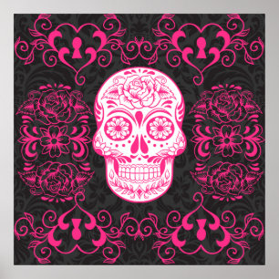 Poster Açúcar preto a quente Rosas de crânio gótico