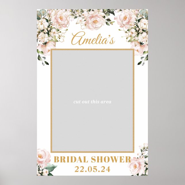 Poster Adereço de foto de casamento boho rosa floral dour (Frente)