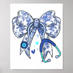 Poster Adesivo de Enfermeira Coquete Azul Floral Estetosc