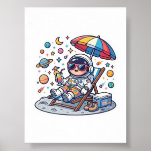 Poster Adesivo de Espaço de Verão de Astronauta Kawaii Fo