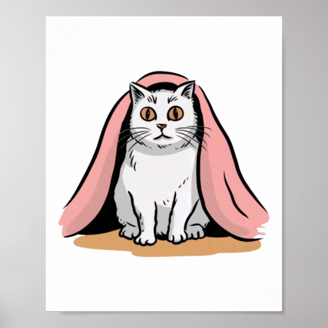 Poster Adesivo de Gato Branco Debaixo de um Cobertor Rosa (Frente)