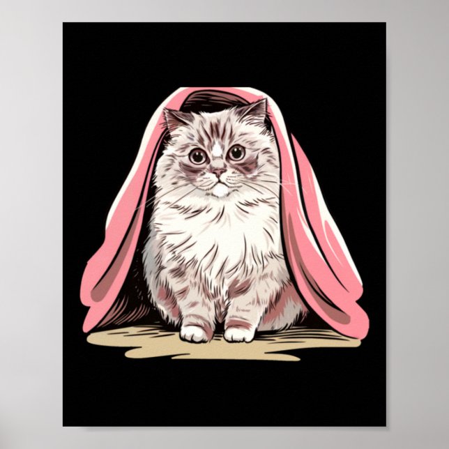 Poster Adesivo de Gato Ragdoll Sob um Cobertor Rosa  (Frente)