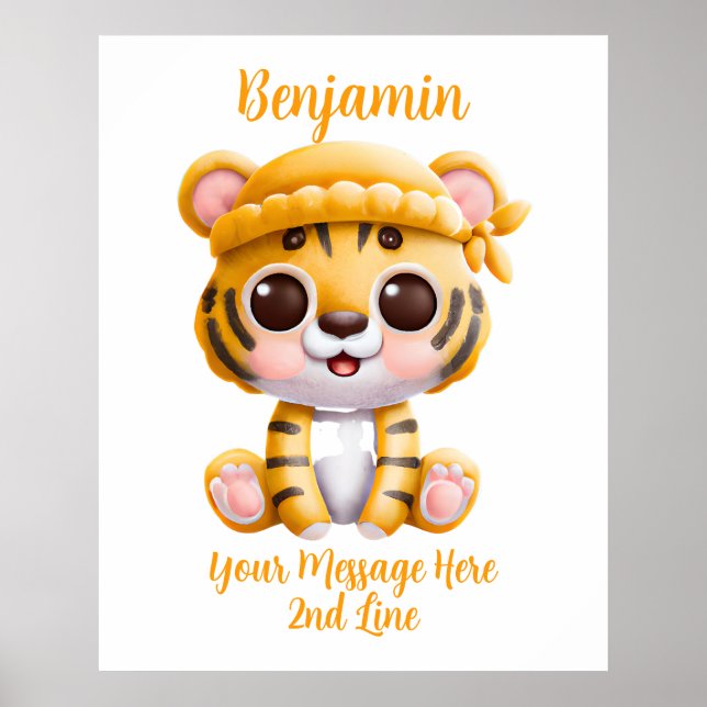 Poster Adicionar Nome Texto, Bebê Tigre com Chapéu em Bra (Frente)