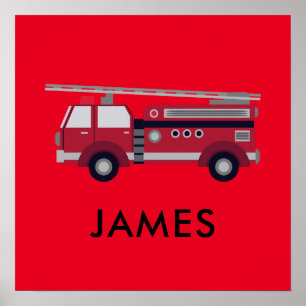 Poster Adicione seu nome Red Fire caminhão Personalizado