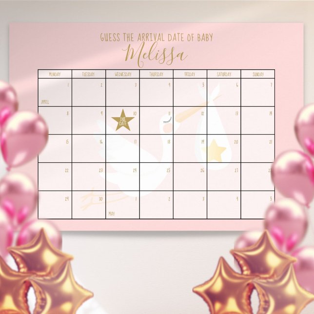 Poster Adivinha O Jogo De Chá de fraldas Rosa Do Calendár (Guess The Due Date Calendar Pink Baby Shower Game Poster)