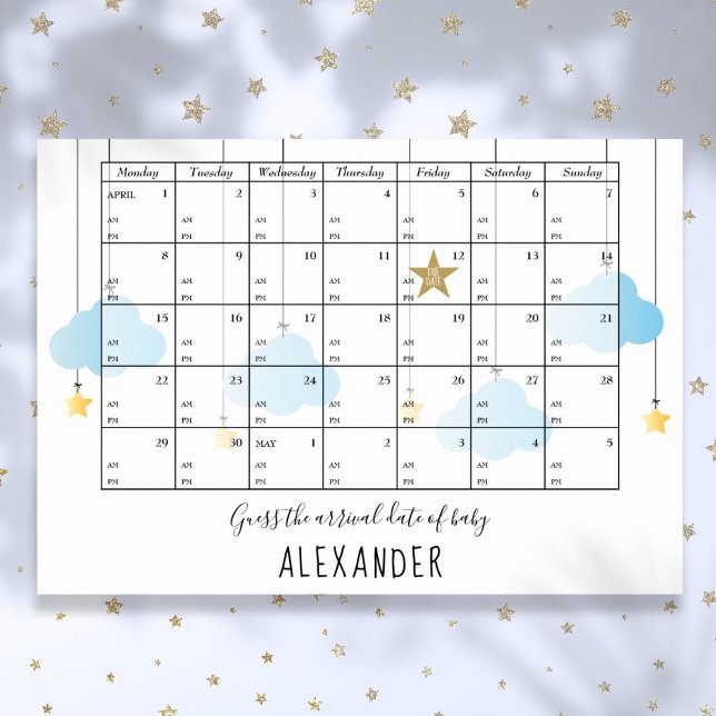 Poster Adivinhe a Data de Nascimento e Hora das Estrelas  (Guess The Due Date And Time Stars Baby Shower Game Poster)