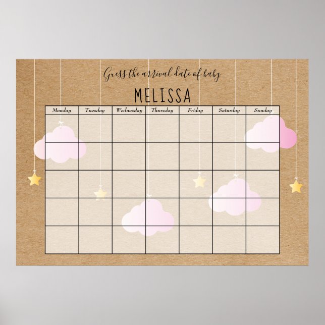 Poster Adivinhe a Data de Nascimento Rosa Rústico Nuvens  (Frente)