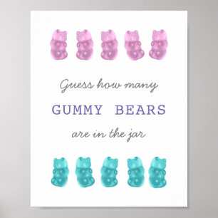 Poster Adivinhe Quantos Ursinhos de Goma Rosa Azul Placa 