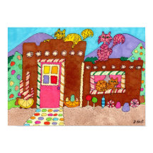 Adobe Gingercake House with Cats Folk Art